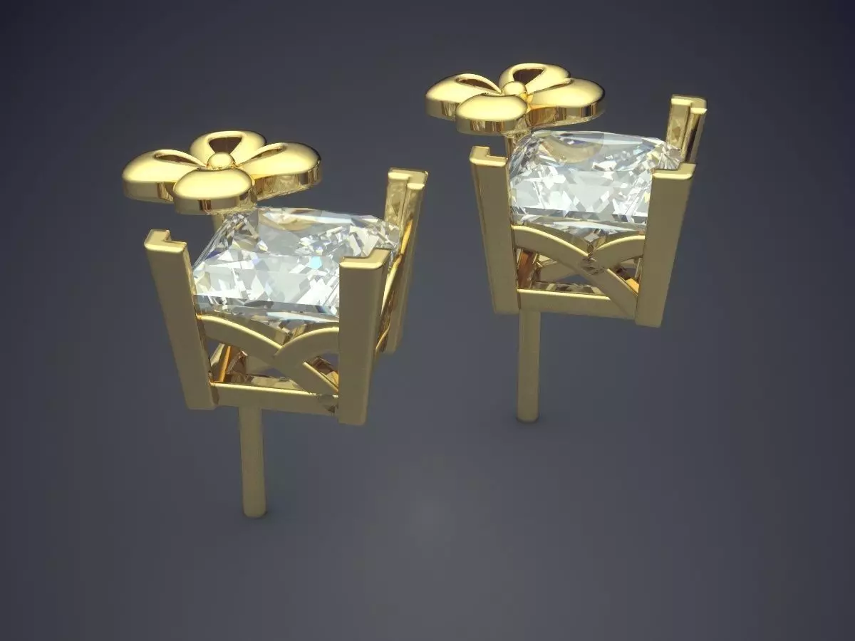 Earrings With Small Clover And Square Diamond CAD 3991 3D print model_0