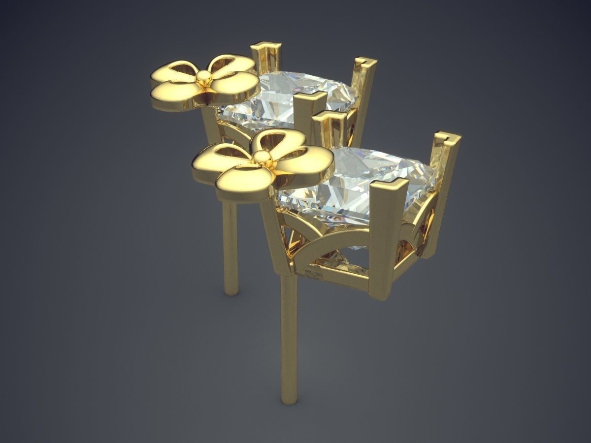 Earrings With Small Clover And Square Diamond CAD 3991 3D print model_3