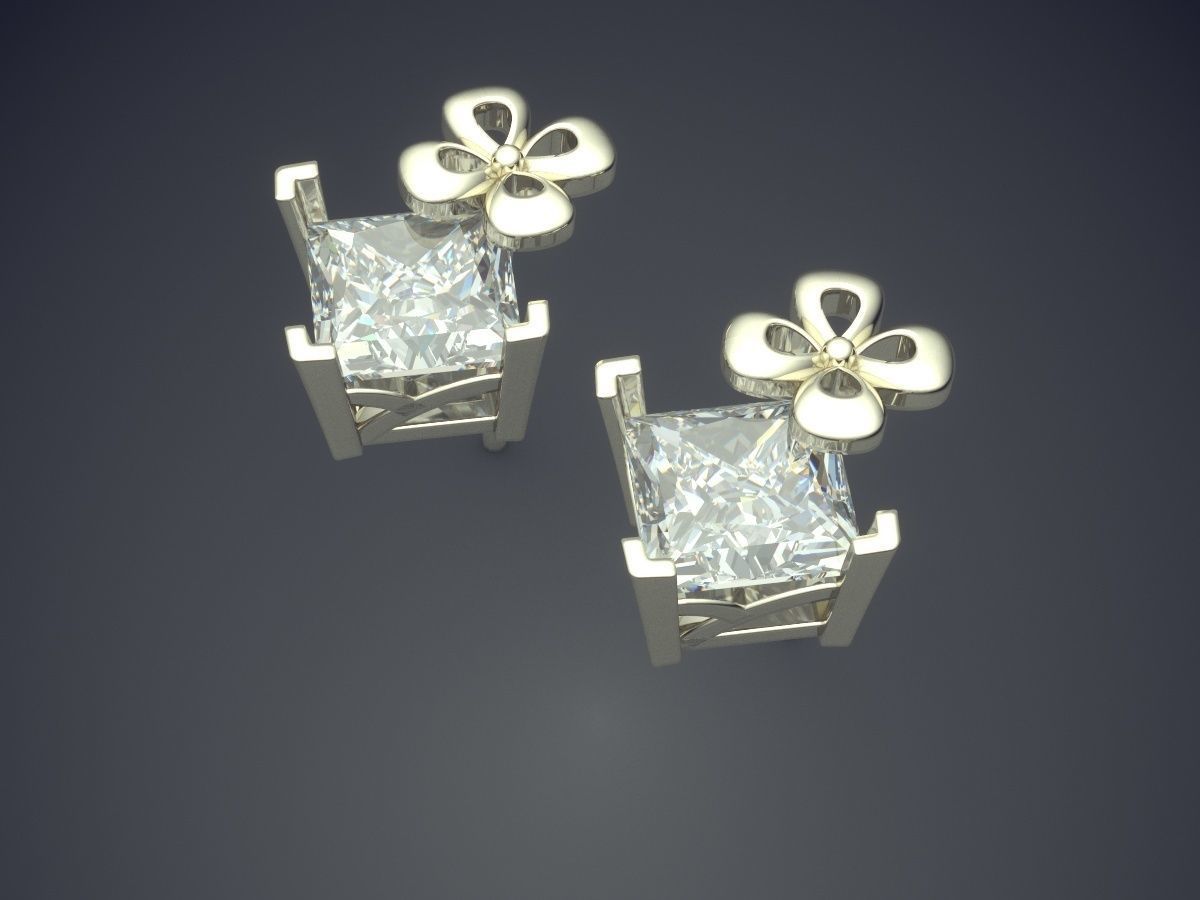 Earrings With Small Clover And Square Diamond CAD 3991 3D print model_1