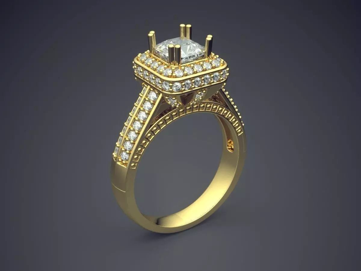Ring With Square Diamond And Diamonds On The Side CAD 3750 3D print model_0