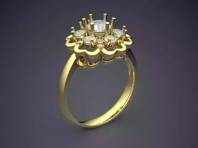 Ring With Flower Shaped Ornament Filled With Diamonds CAD 3687 3D print model