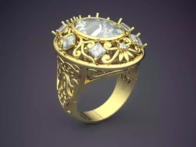 Ring With Huge Oval Ornament And Diamond CAD 3659 3D print model