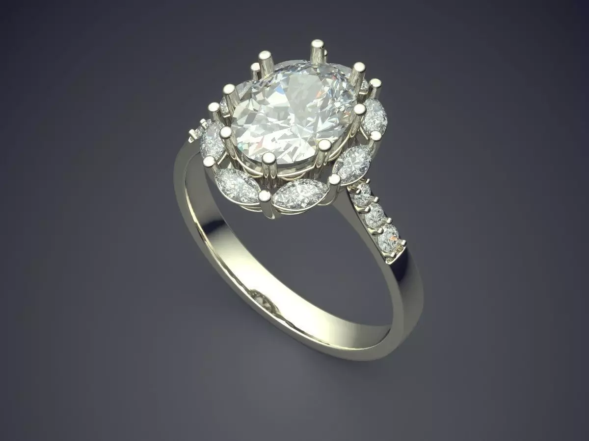Ring With Big Oval Diamond And Smaller Ones CAD 3617 3D print model_1