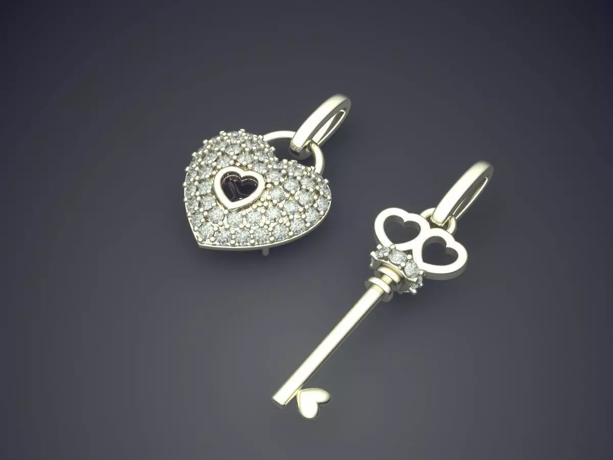 Heart And Key Shape Pendants With Diamonds CAD-3525 3D print model_1