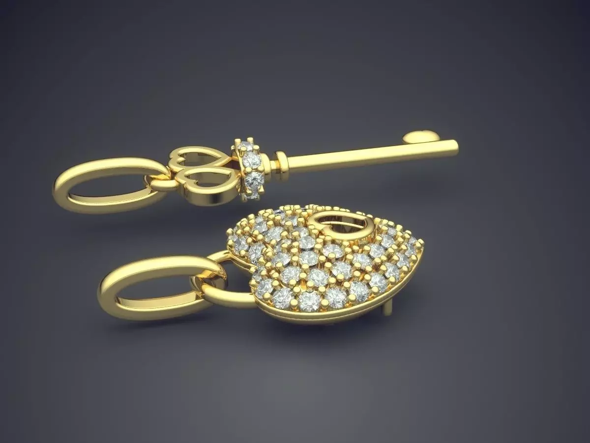 Heart And Key Shape Pendants With Diamonds CAD-3525 3D print model_3