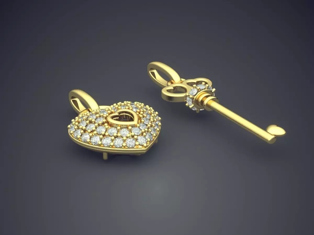 Heart And Key Shape Pendants With Diamonds CAD-3525 3D print model_0