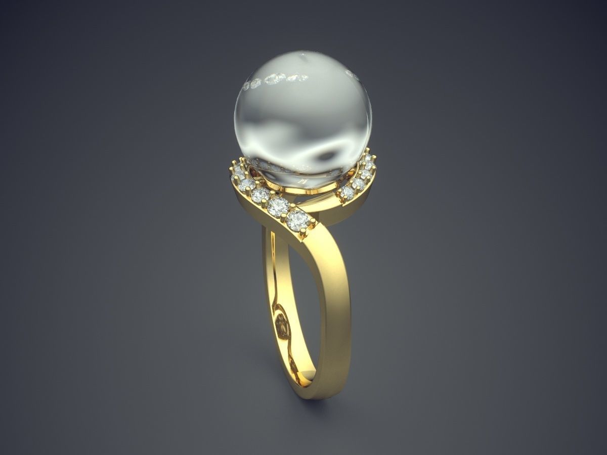 Curved Ring With Pearl CAD-3397 3D print model_3