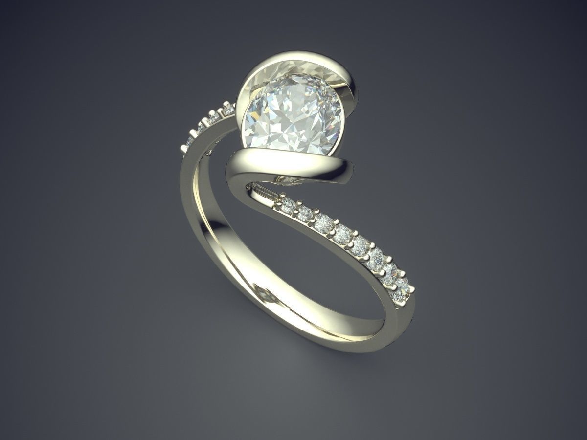 Curved Engagement Ring With Diamonds CAD-3310 3D print model_1