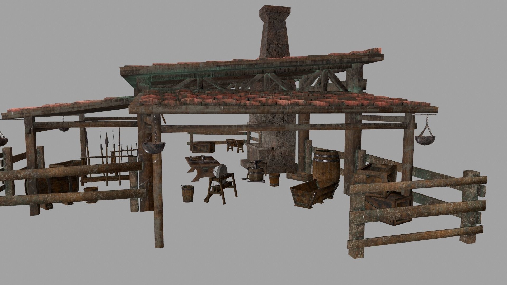 Blacksmith set wooden kitchen with pots and pans Low-poly 3D model_2