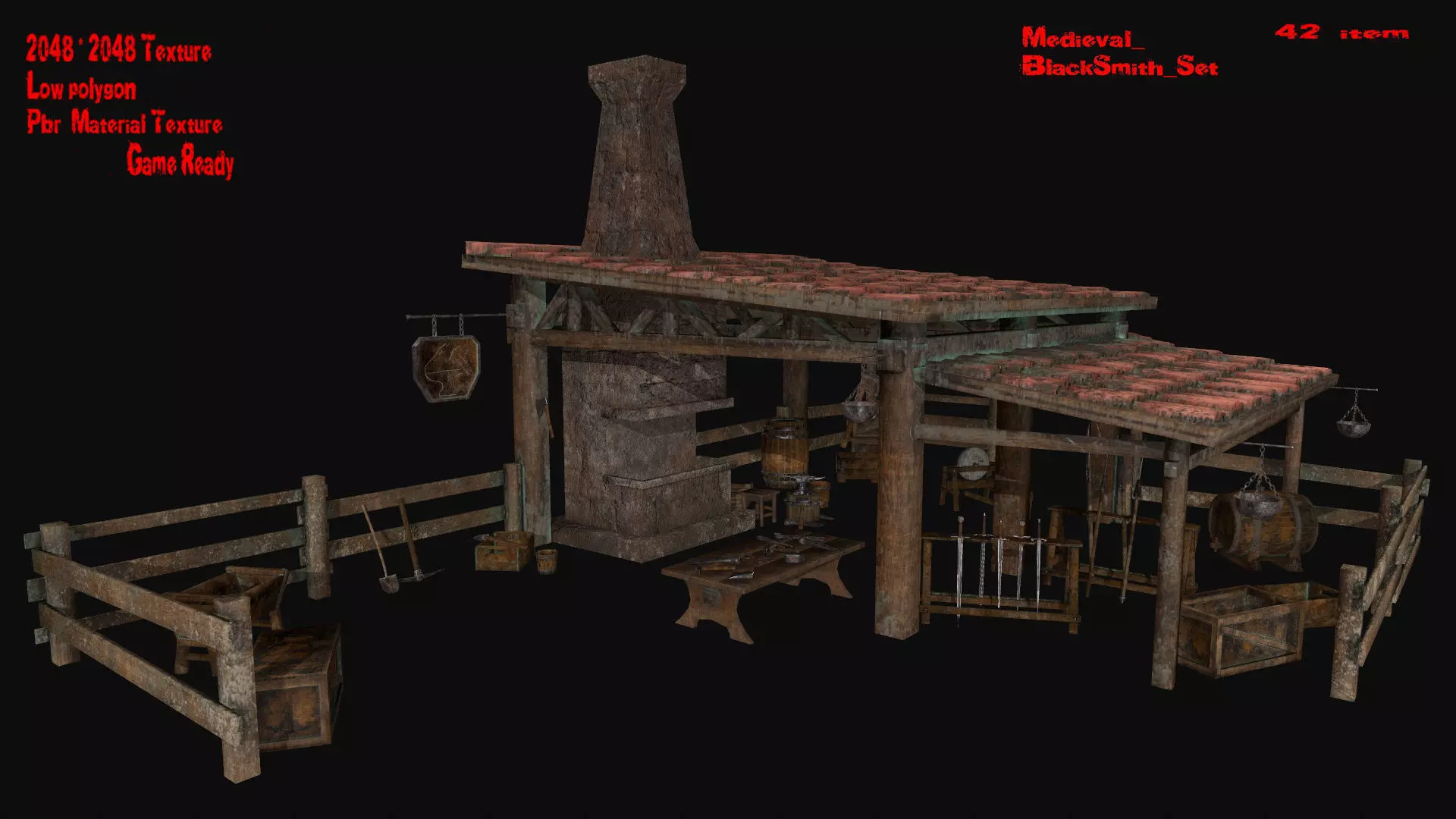 Blacksmith set wooden kitchen with pots and pans Low-poly 3D model_0