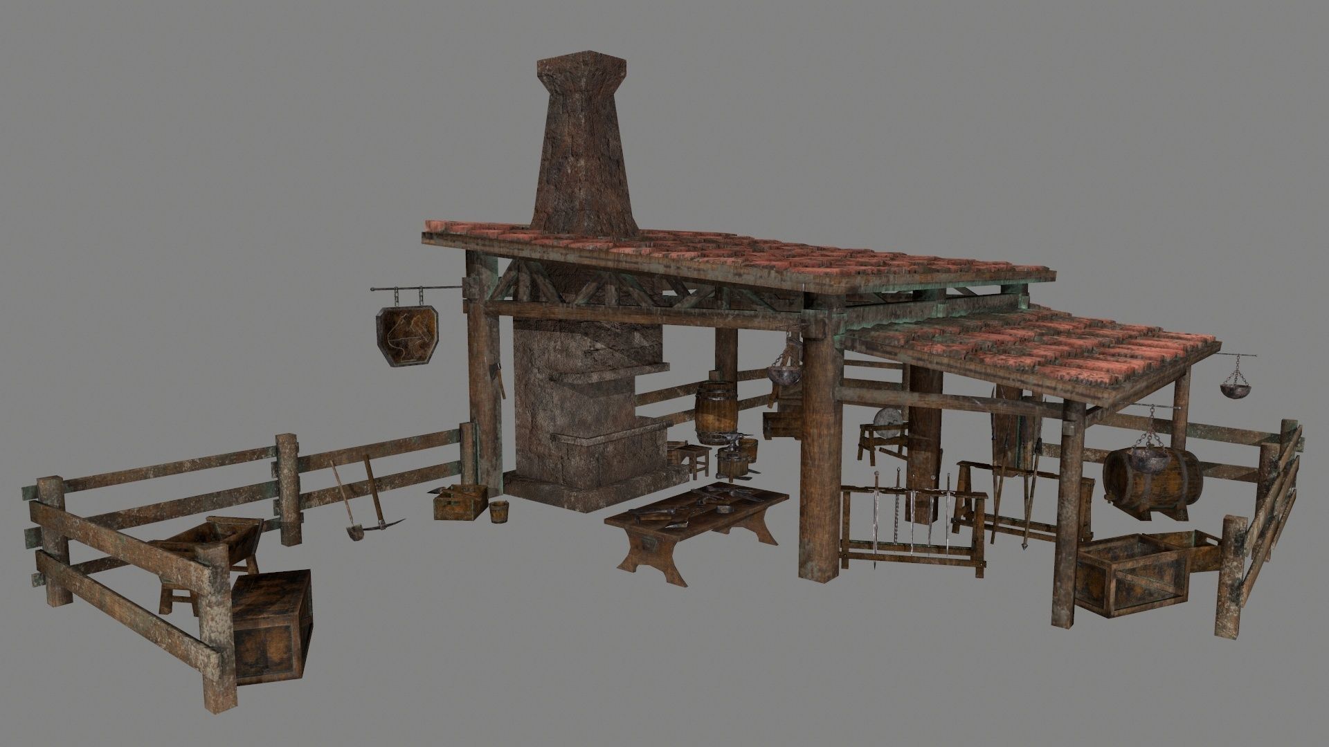 Blacksmith set wooden kitchen with pots and pans Low-poly 3D model_1