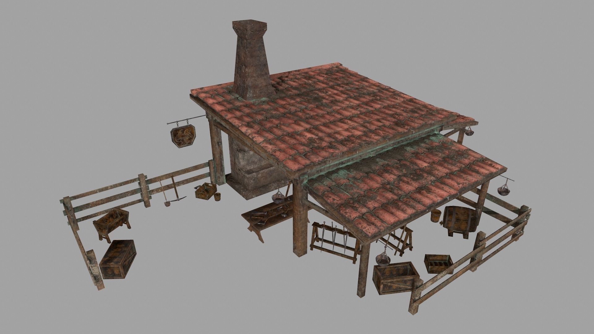 Blacksmith set wooden kitchen with pots and pans Low-poly 3D model_4