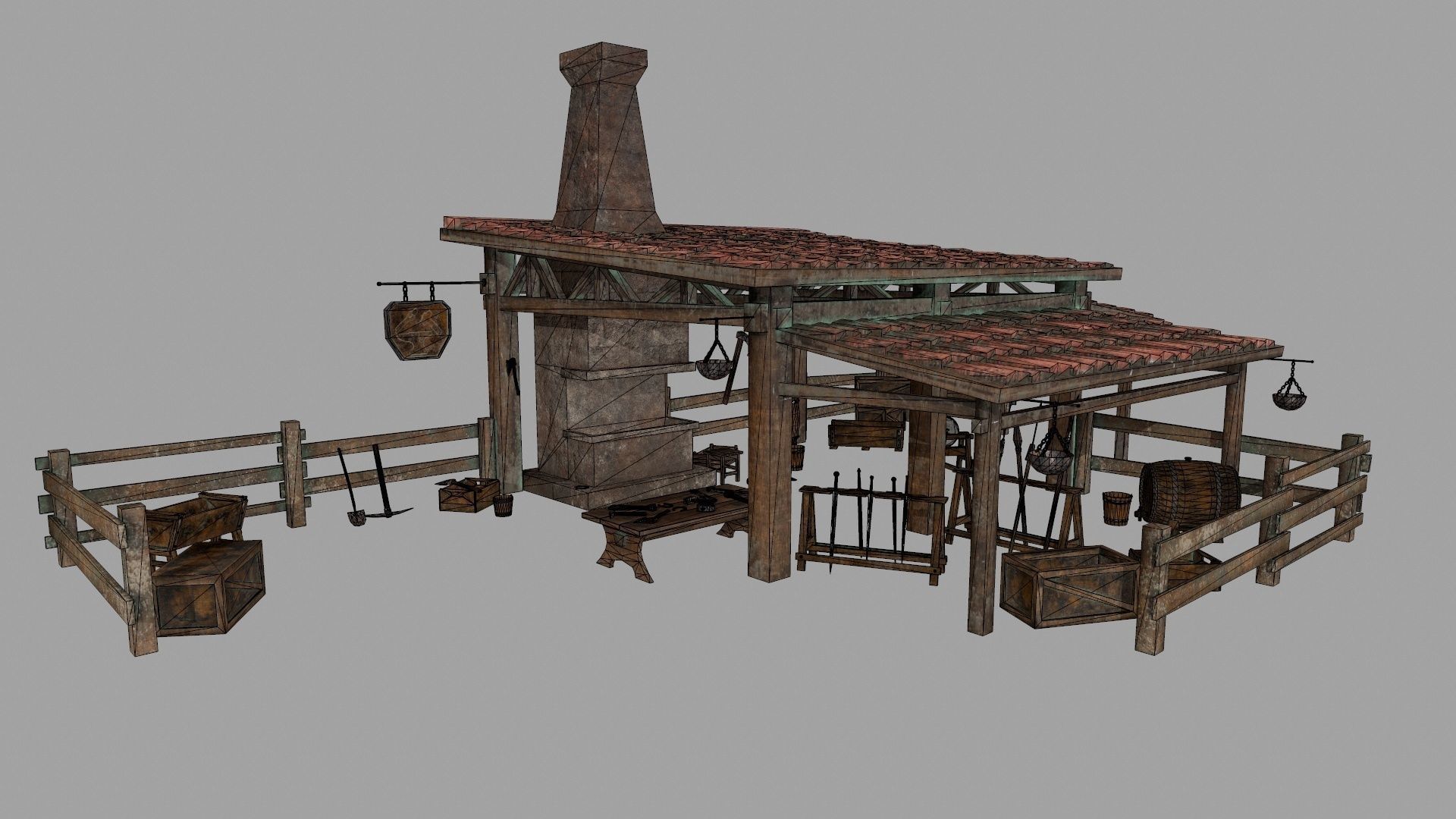 Blacksmith set wooden kitchen with pots and pans Low-poly 3D model_41