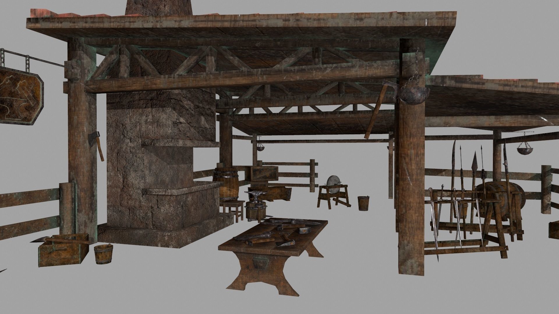 Blacksmith set wooden kitchen with pots and pans Low-poly 3D model_3