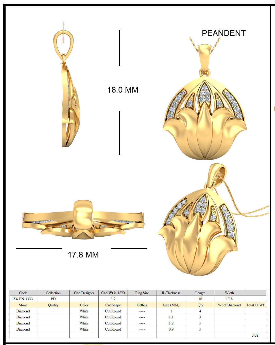 Golden Lotus Shaped Ear Studs With Diamonds 3D print model_1