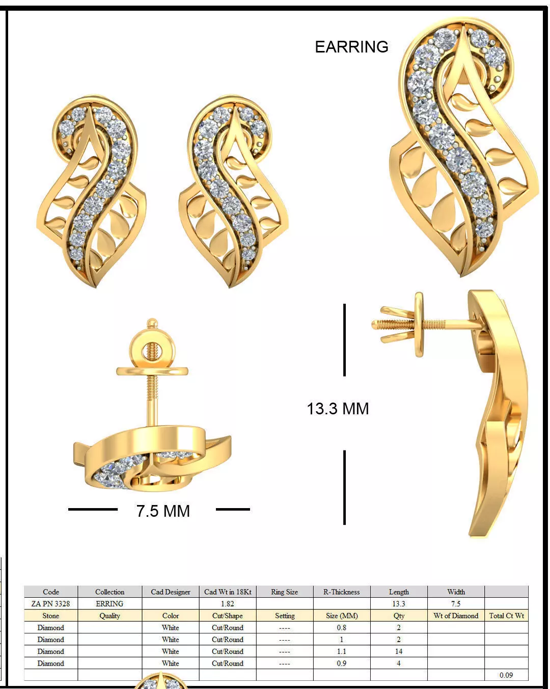 Golden Ear Studs With Diamonds 2 3D print model_0