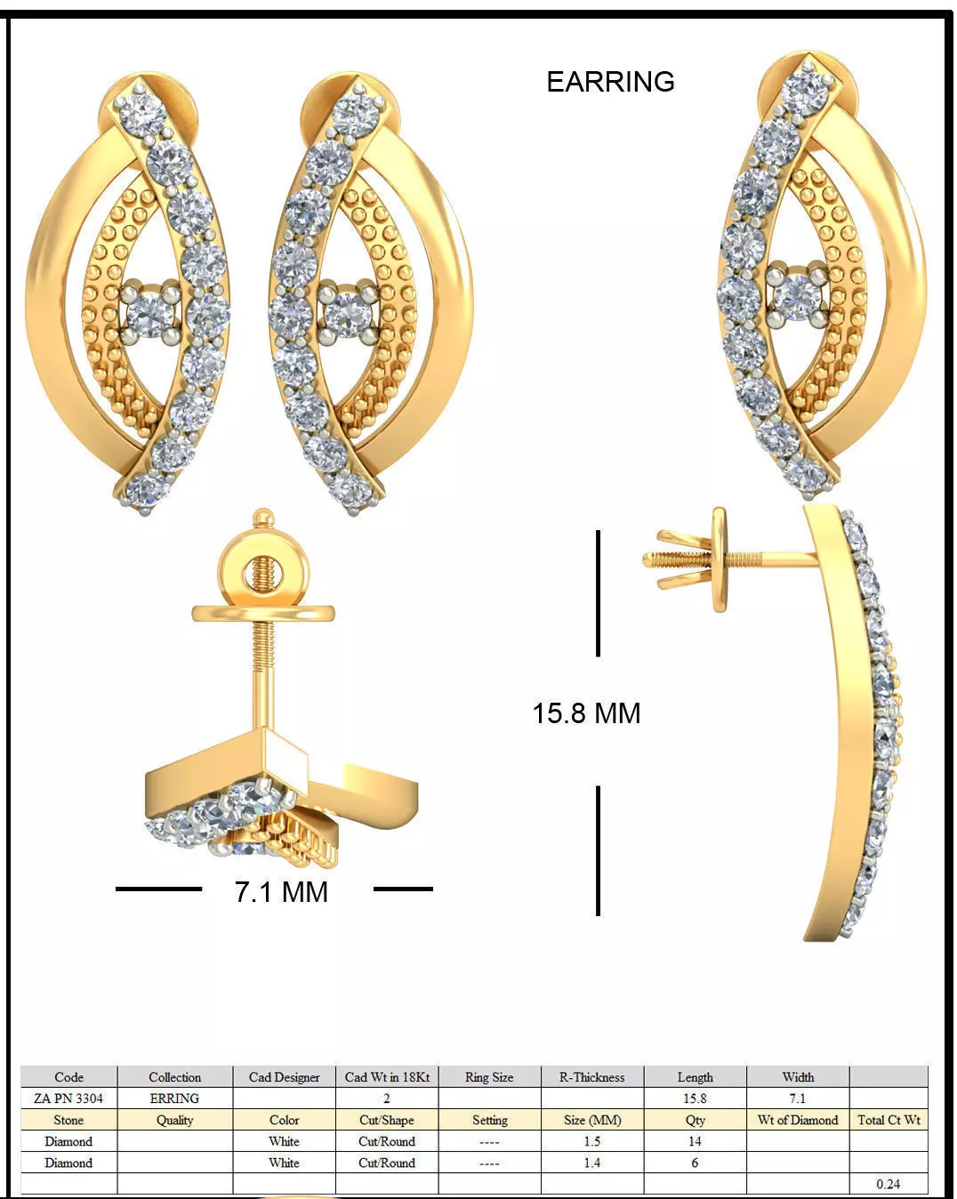 Golden Ear Studs With Diamonds 4 3D print model_0