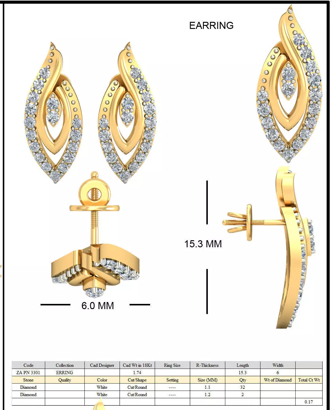 Leaf Design Ear Studs With Diamond 3D print model_0