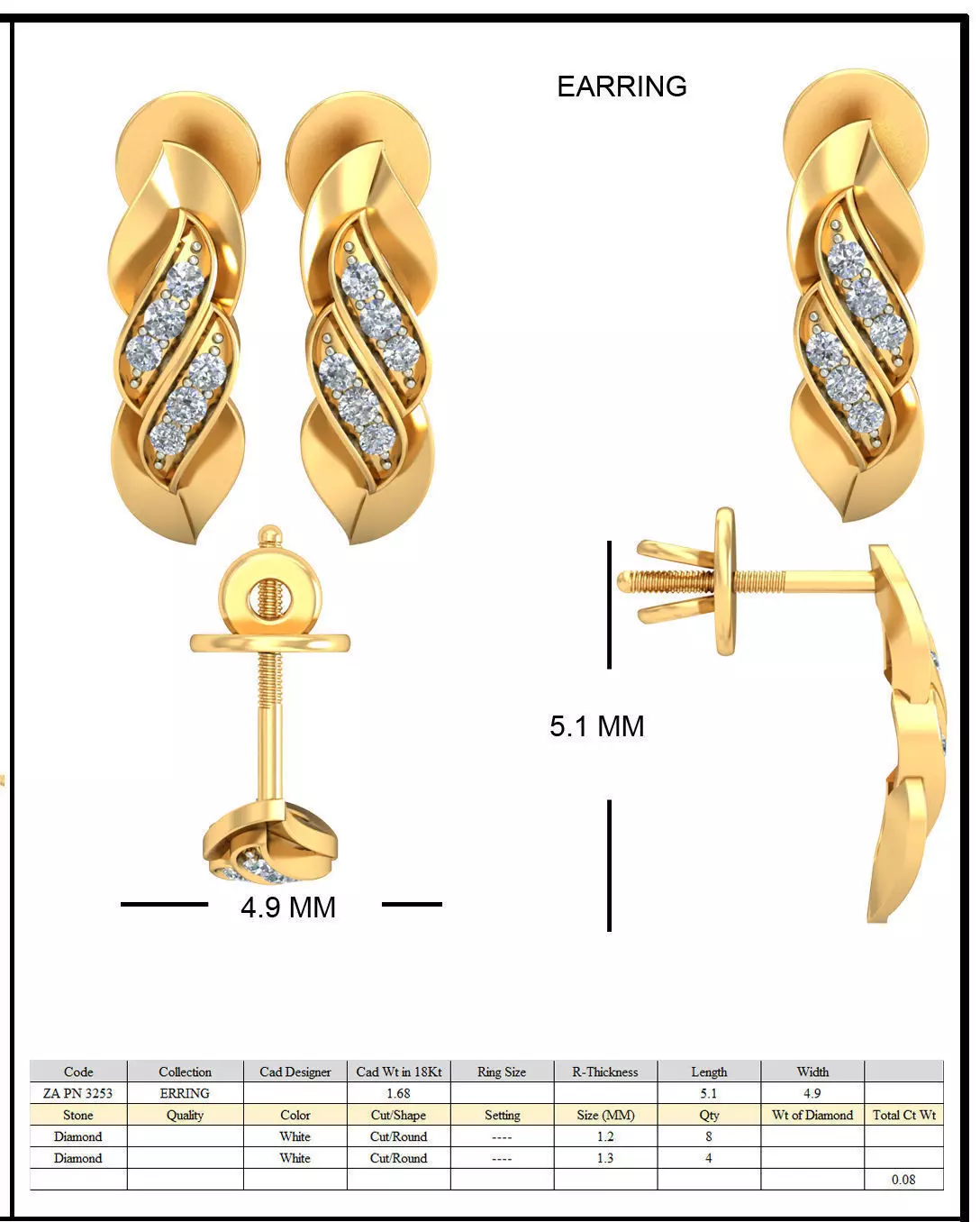Golden Ear Studs With Diamonds 8 3D print model_0