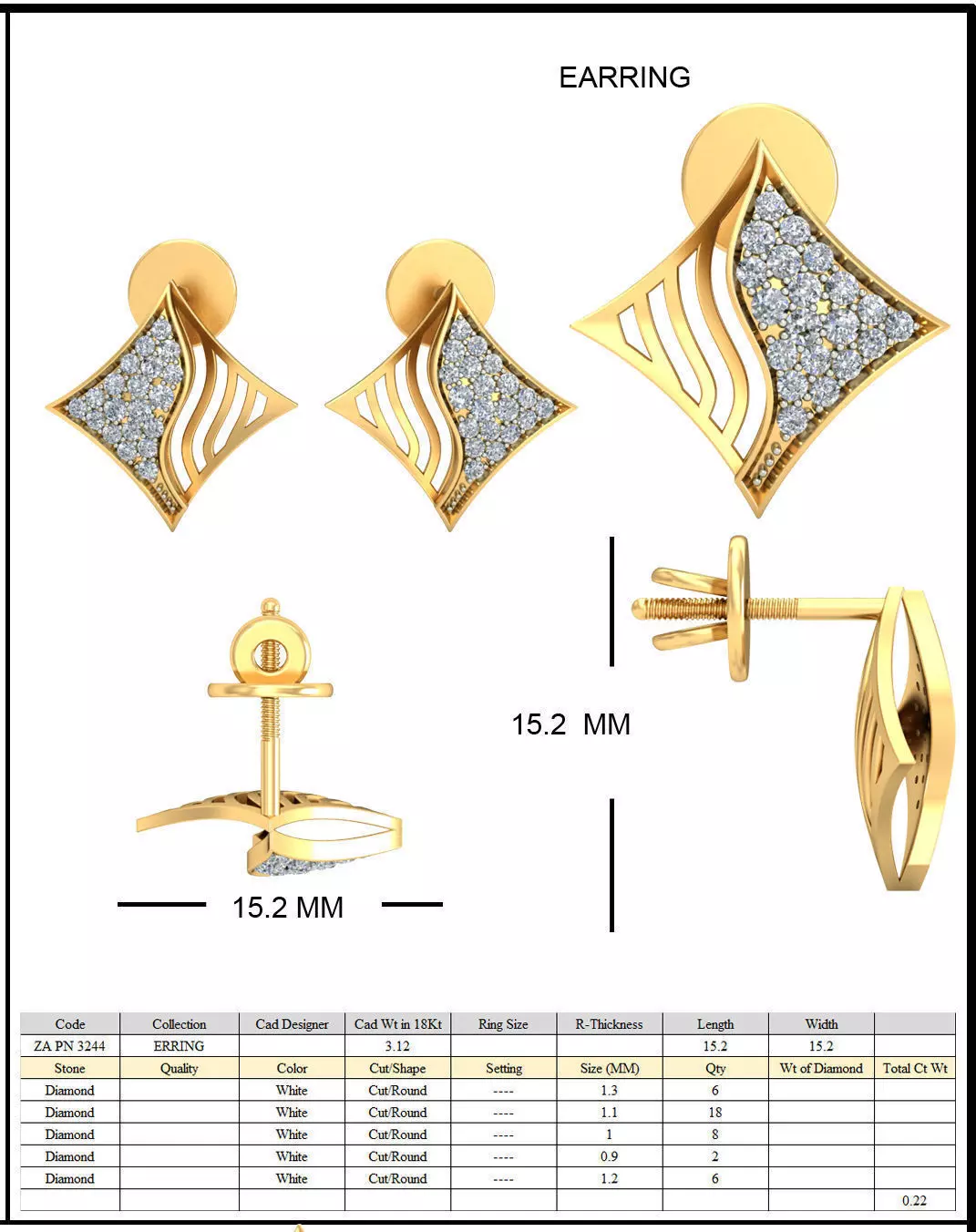 Square Ear Studs With Diamonds 3D print model_0