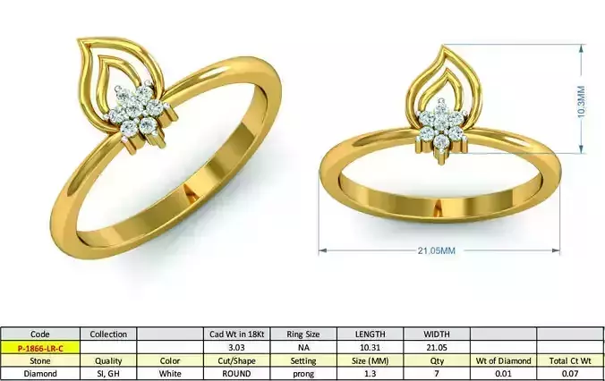 Thin Golden Leaf Design Ring With Diamonds