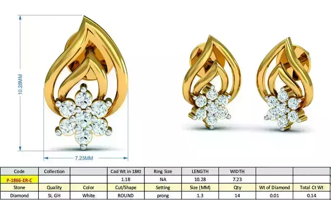 Leaf Design Ear Studs With Diamonds