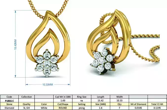 Leaf Design Golden Pendant With Diamonds