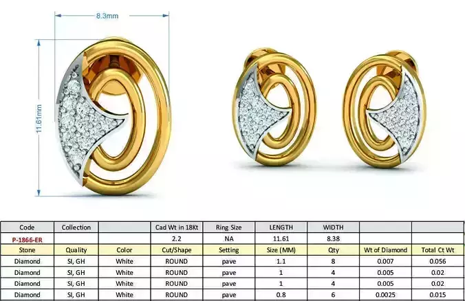 Golden Oval Shaped Ear Studs With Diamonds