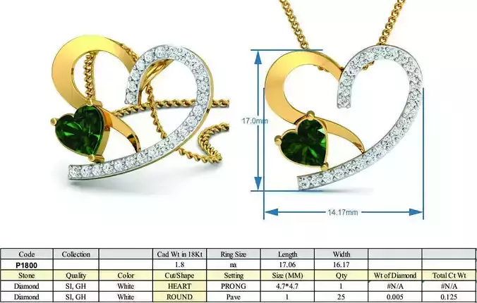 Golden Heart Shaped Pendant With Emerald