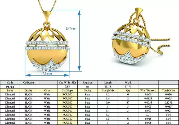 Golden Semisphere Shaped Pendant With Diamonds 1 3D print model