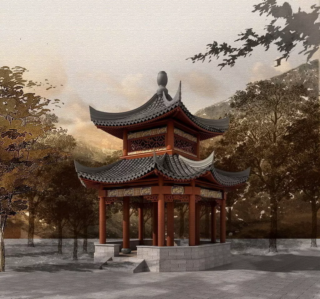 Chinese Two layers of eaves Pavilion 3D model_0