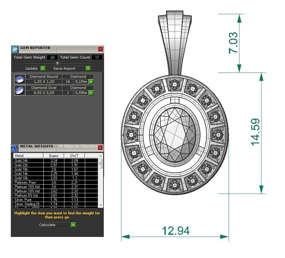 pendant oval with gems   3D print model_2