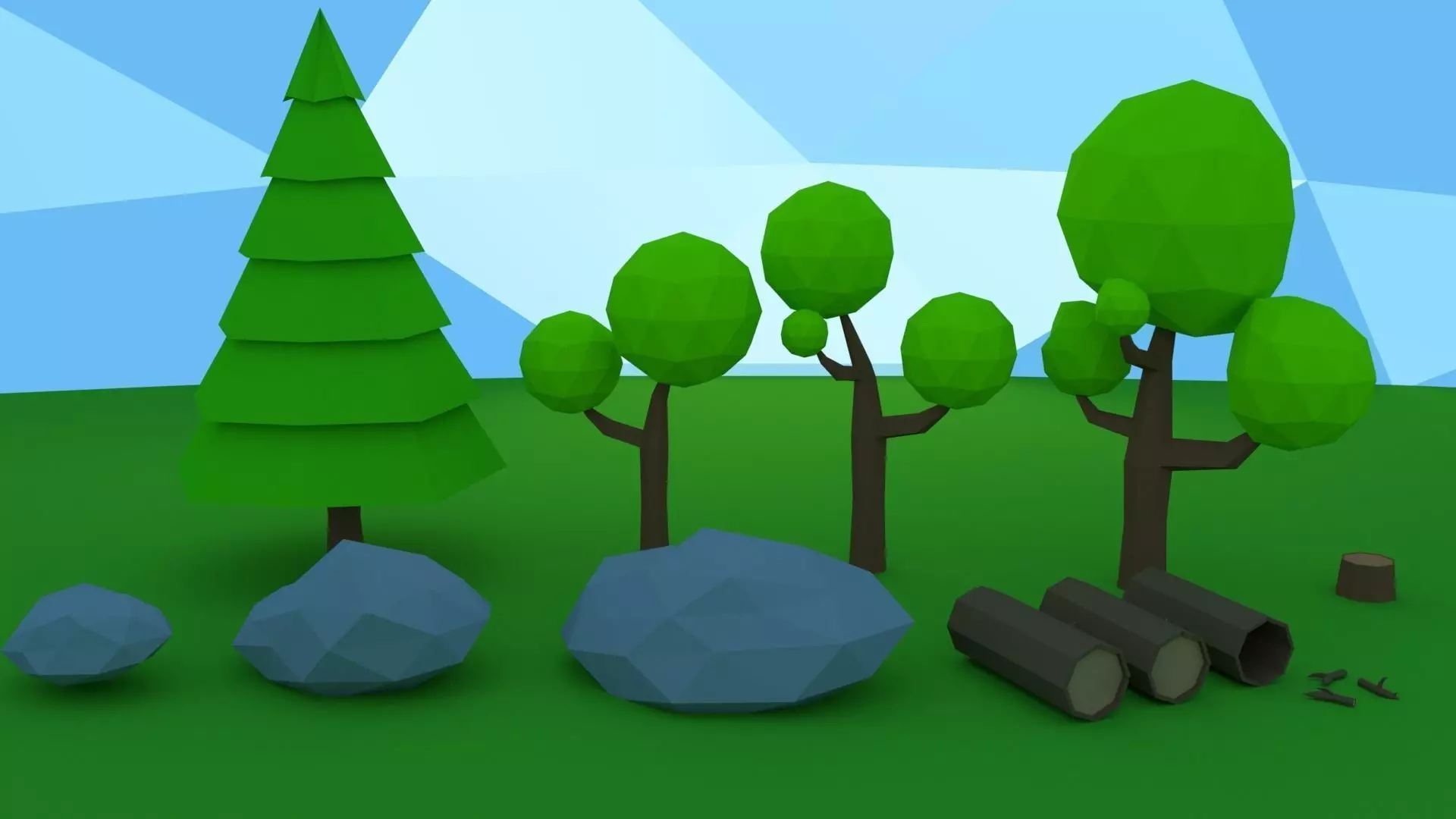 Low poly Trees Rocks Logs Low-poly 3D model_1