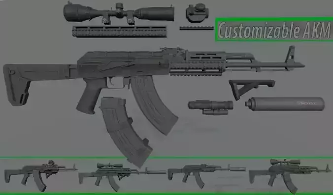 Customizable AKM rifle LowPoly PBR 