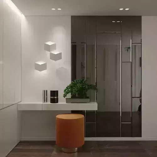 hallway modern entryway with walls and orange ottoman