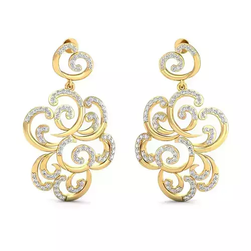 Flower Shaped Golden Drop Earrings With Diamonds 