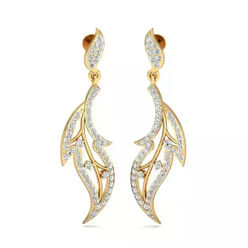 Leaf Shaped Golden Drop Earrings With Diamonds 