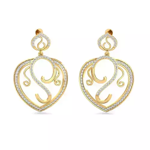 Heart Shaped Golden Drop Earrings With Diamonds 3D print model