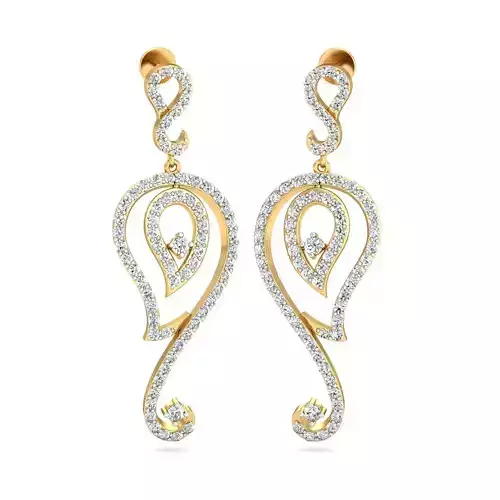 Leaf Design Golden Drop Earrings With Diamonds 1 3D print model