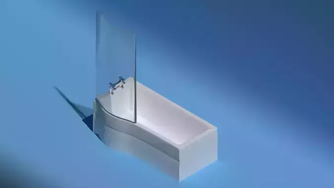 Bathtub with curved shower screen and chrome taps