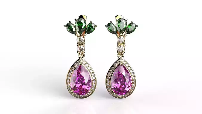Pink sapphire and diamond halo earrings N3 3D print model