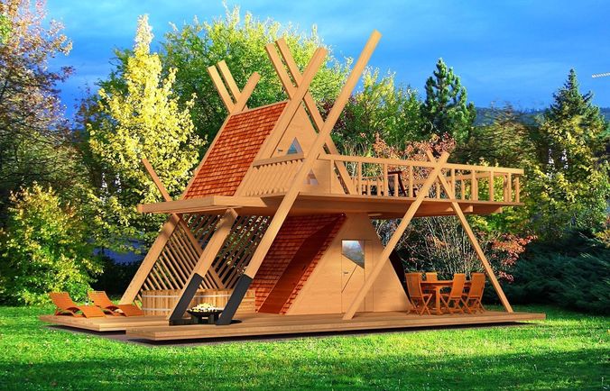 Glamping tower with hot tube and fire pit 3d model Low-poly 3D model