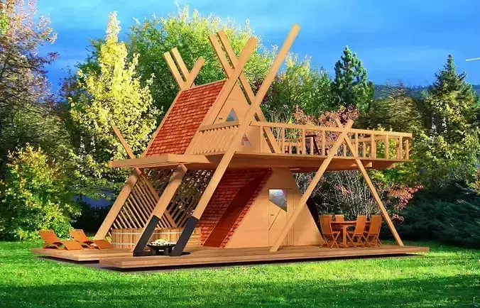 Glamping tower with hot tube and fire pit 3d model