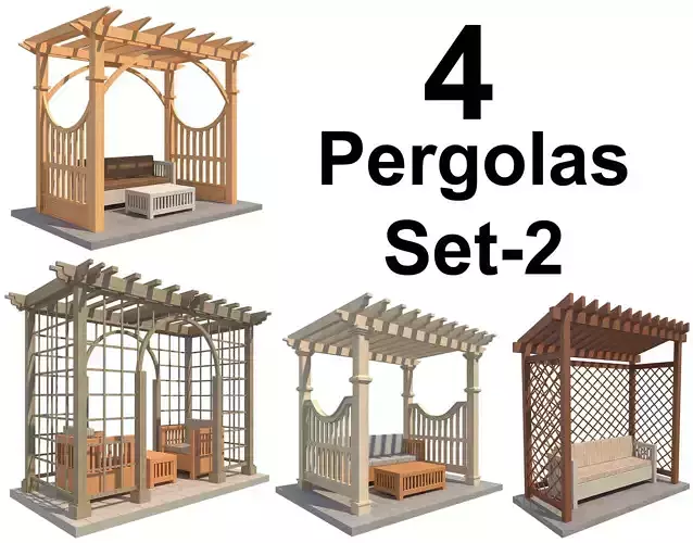 4 Pergolas Set 2 wooden pergola with arched roof Low-poly 3D model