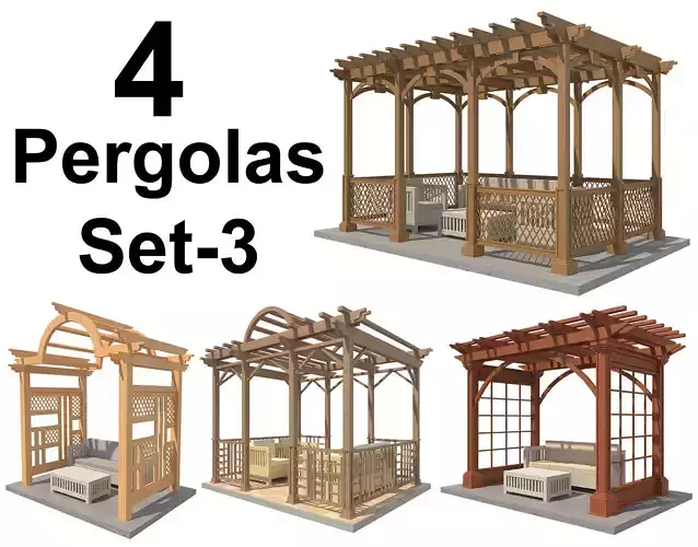 Pergolas Set 3 wooden pergola with bench and table