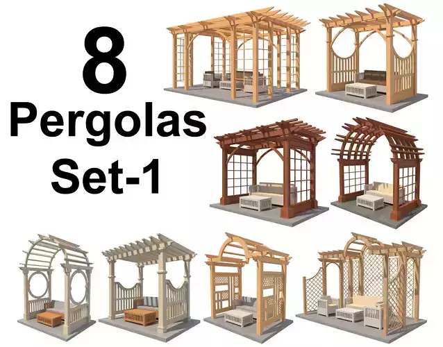8 Pergolas Set 1 wooden pergola with arched roof