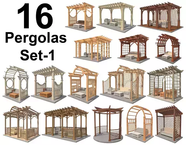 16 Pergolas Set 1 Low-poly 3D model
