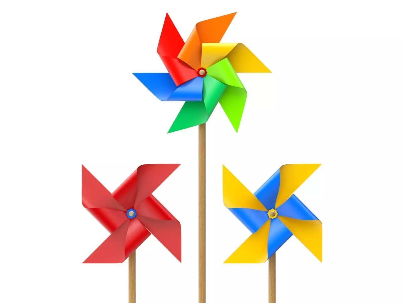 Pinwheel three colorful pinwheels on wooden stick 3D model_0