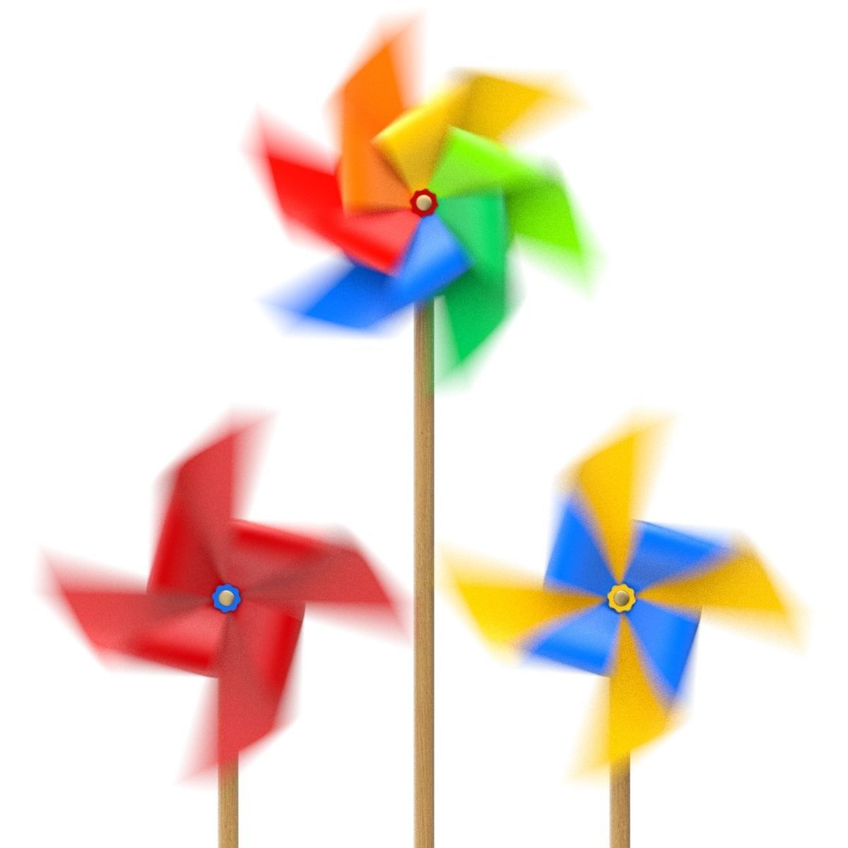 Pinwheel three colorful pinwheels on wooden stick 3D model_1