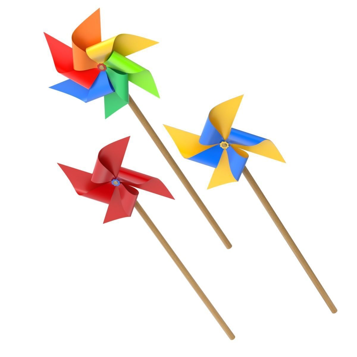 Pinwheel three colorful pinwheels on wooden stick 3D model_2